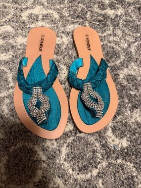 Symbol - Stylish Teal Braided Rhinestone Thong Sandals - Women